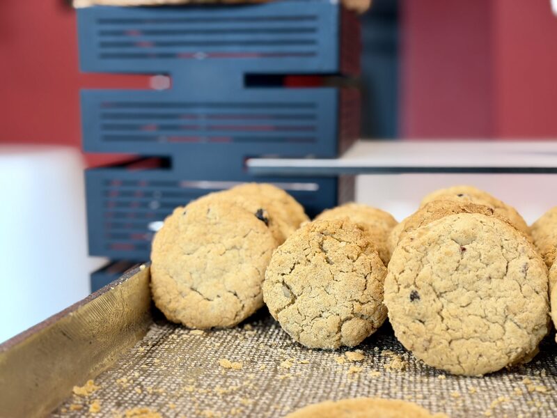 Golden cookies cooling on a tray